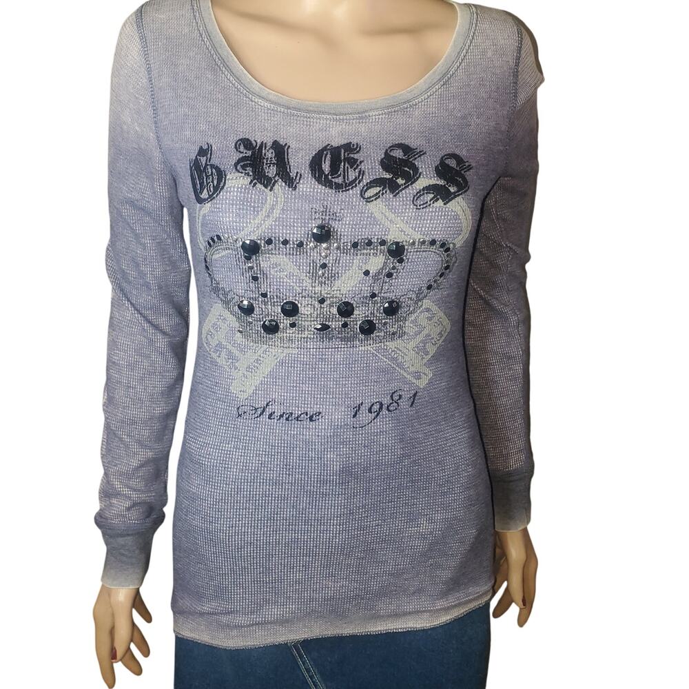 Guess LA Women’s Thermal Top Crown Rhinestone Y2K Long Sleeve Size M Purple